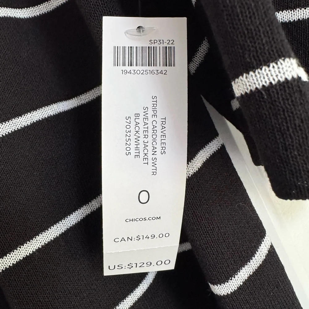 NWT Chico’s Travelers Stripe Cardigan Sweater Jacket Black White Size Small